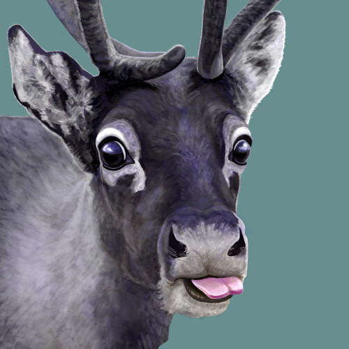 Digital painting of a reindeer sticking out its tongue.