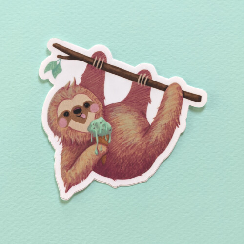 Cute sloth hanging on branch while eating melting ice cream.