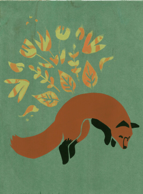 Illustration By Steph Brennan. Multi-layered silkscreen print of leaping fox with a design of leaves and flowers above it. Green background.