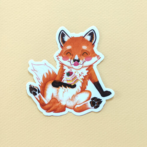 A cartoon fox eating a slice of strawberry shortcake.
